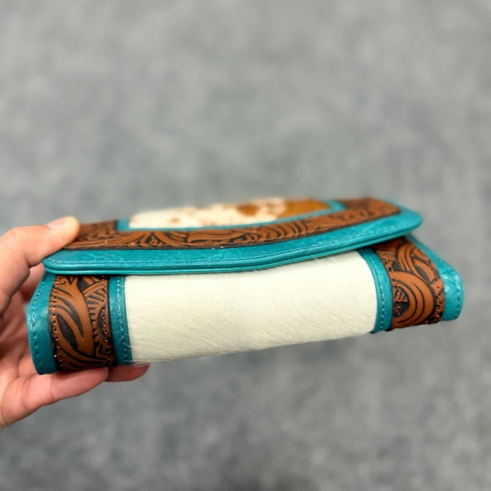 Montana West Hair-On Hide Tooled Wallet – Western Wristlet Brown-Turquoise